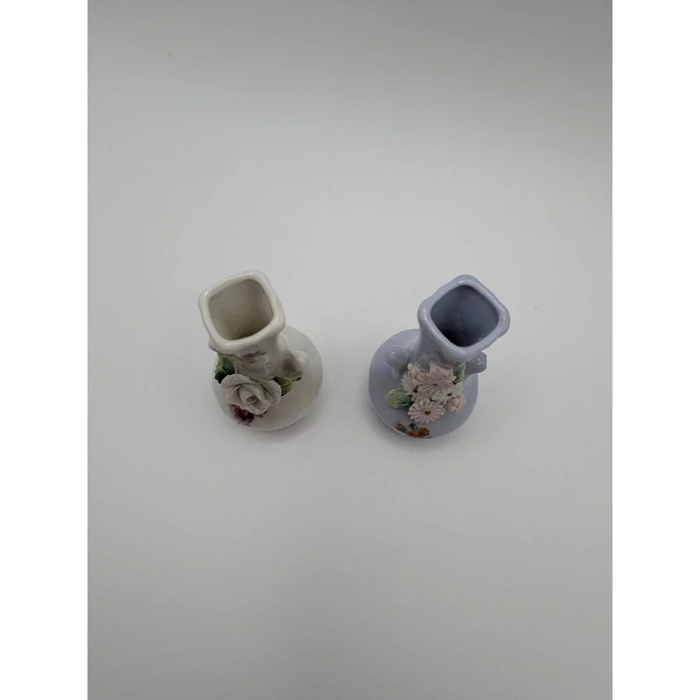 Vintage Germany Miniature‎ Porcelain Bud Vases Set Applied 3D Flowers White Blue